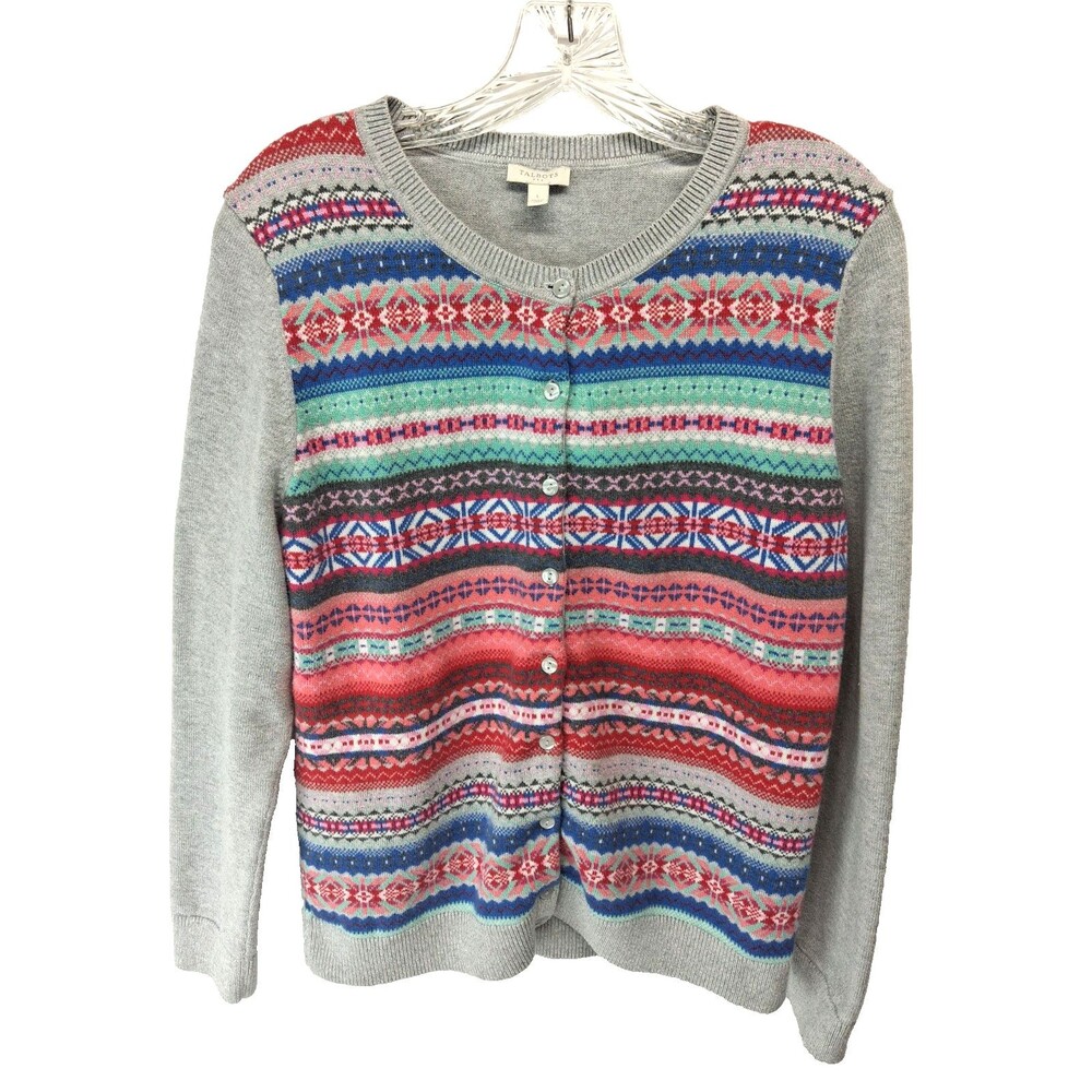 Talbots Women's Colorful Fair Isle Long Sleeve Button Front Round Neck Cardigan